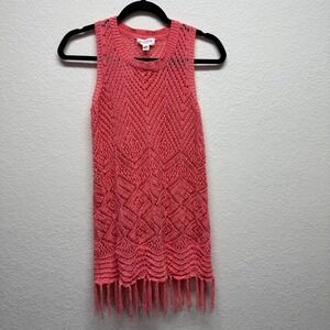 ALLISON New York Pink Crochet‎ Fringe Sleeveless Tank Top Medium